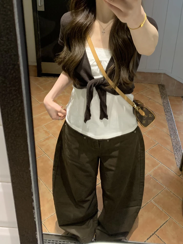 American Style High Waist Wide Leg Jeans Women's Spring New Design Loose Slimming Coffee Color Knife  Denim Pants