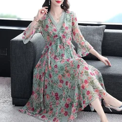 Printed Chiffon Dress Female 2023 Summer New Fashion High-End Temperament Floral Fairy Skirt Mid-Length Over-The-Knee Skirt