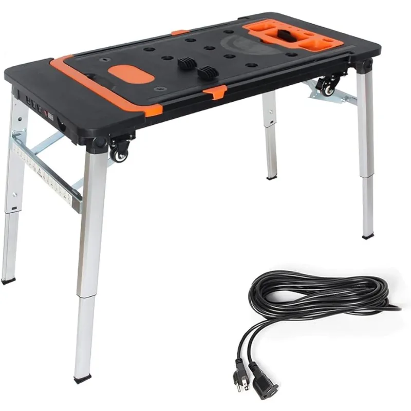 

LEADALLWAY 7-in-1 Workbench Folding with Power Outlet and 33FT Long Power Cord Painted Work Table with 4 Wheels, Black