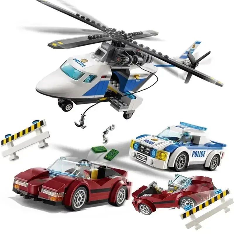 Conjuntos de tijolos compatíveis série cidade blocos de construção de alta velocidade polícia perseguição helicóptero moc brinquedos para crianças presentes 60138