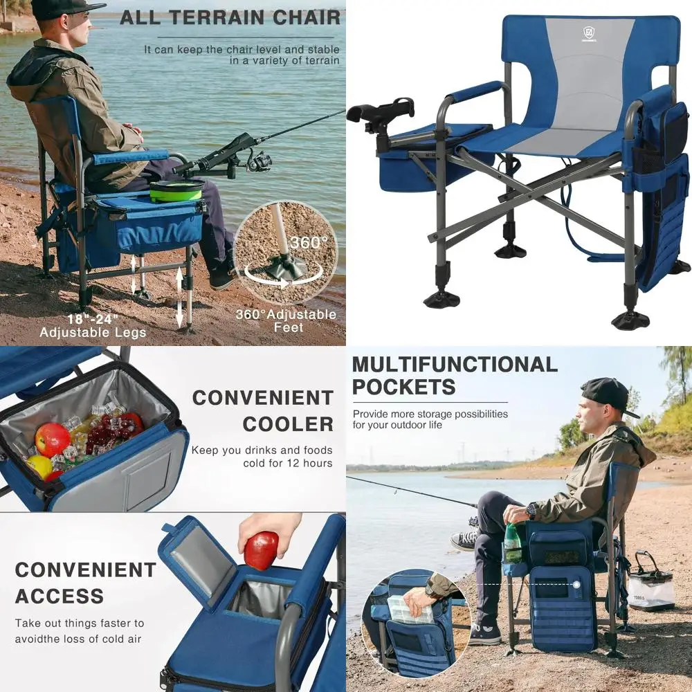 

Fishing Chair with Rod Holder and Cooler, All Terrain Ice Fishing Chair with Adjustable Feet, Mesh Back Folding Camping Chair wi