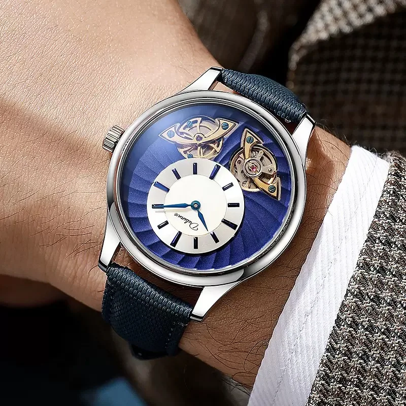New Wave Pattern Dual Escapement Men's Automatic Mechanical Hollow out Watch Elegant Timepiece with Precision Movement