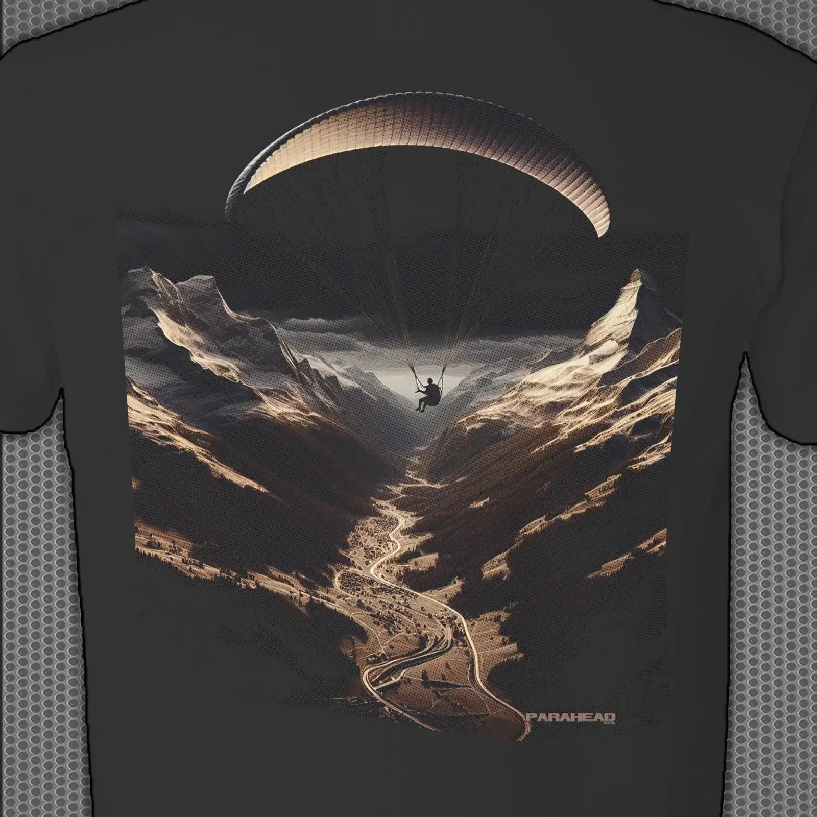 Black Paraglider Soaring Mountain Valley Sunset T shirt PARAHEAD Casual Top vintage Washed Unisex Versatile Slightly