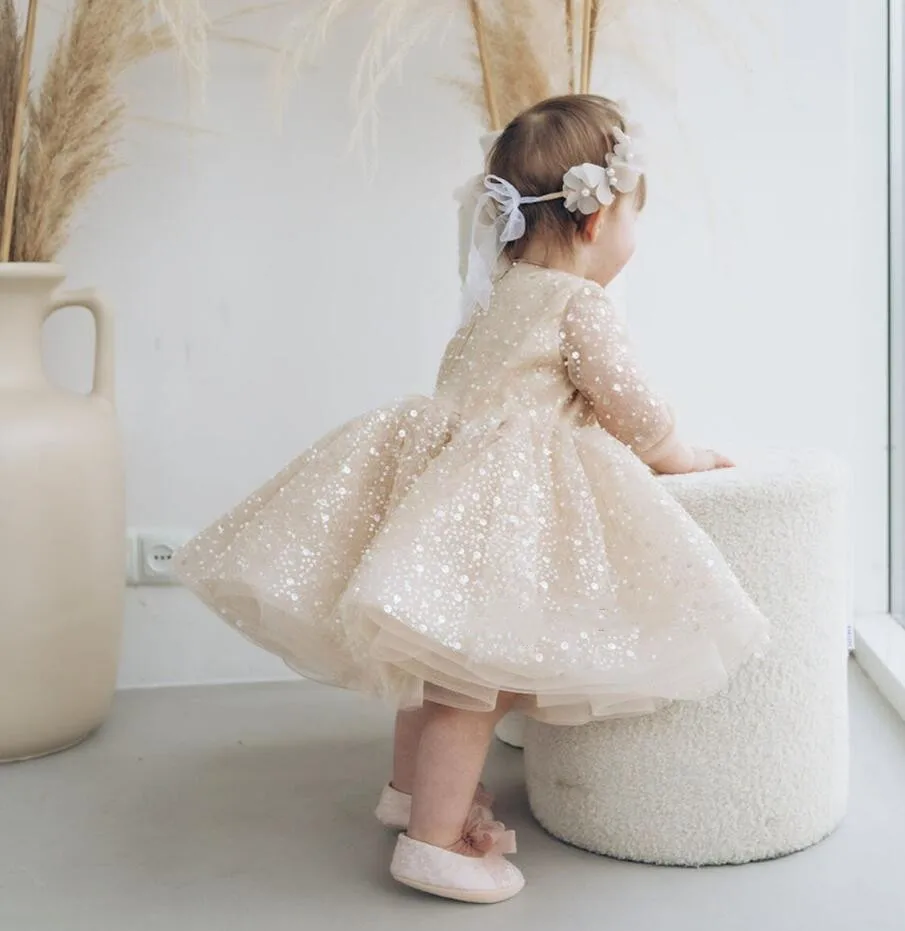 Flower Girl Dress For Wedding Glitter Sequins Champagne Tulle Puffy Full Sleeve Child First Eucharistic Birthday Party Dresses