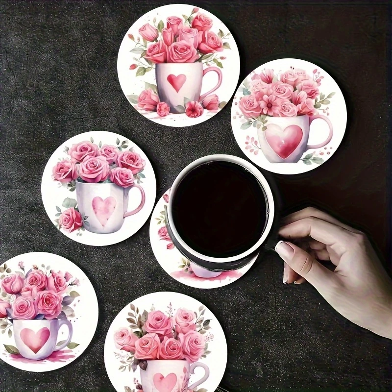 2D Pink Roses And Heart-Shaped Pattern Art Coasters Tea Cups