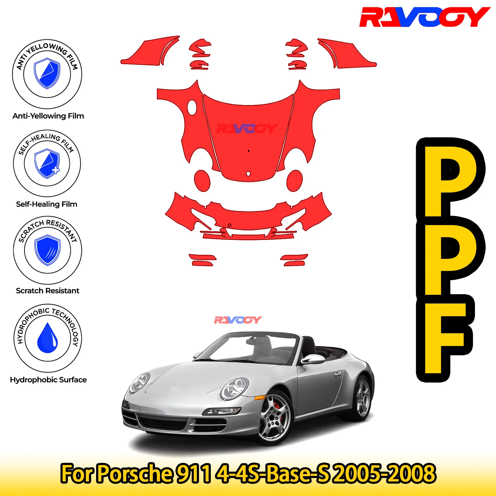 

For Porsche 911 4-4S-Base-S 2005-2008 Glossy Matte Black Precut front PPF Kit Paint Protection Film