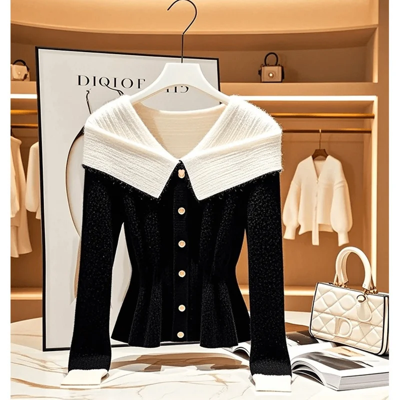 Outono inverno contraste camisola de malha feminina usar xale manto curto tricô camisola feminina casual jumper malhas camisola