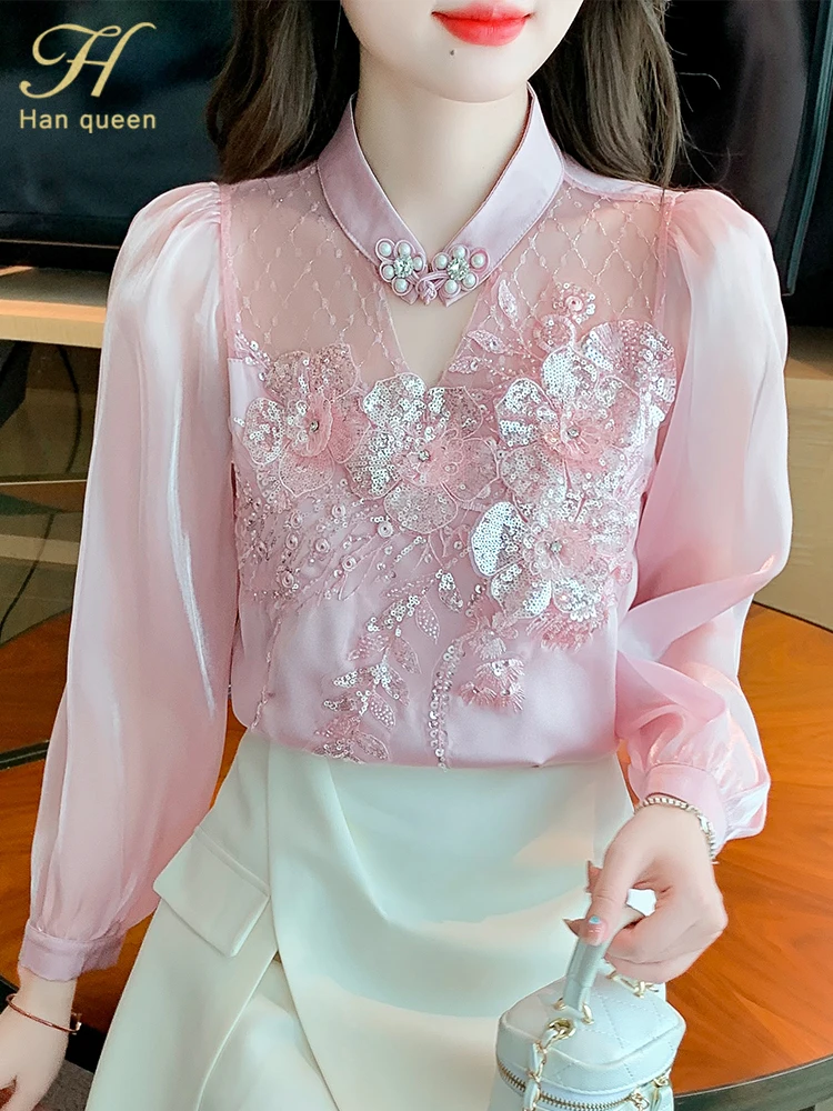 H Han Queen Simple Autumn Blusas Elegant Bead Embroidery Blouses Womens Korean Loose Casual Vintage Shirts OL Office Work Tops