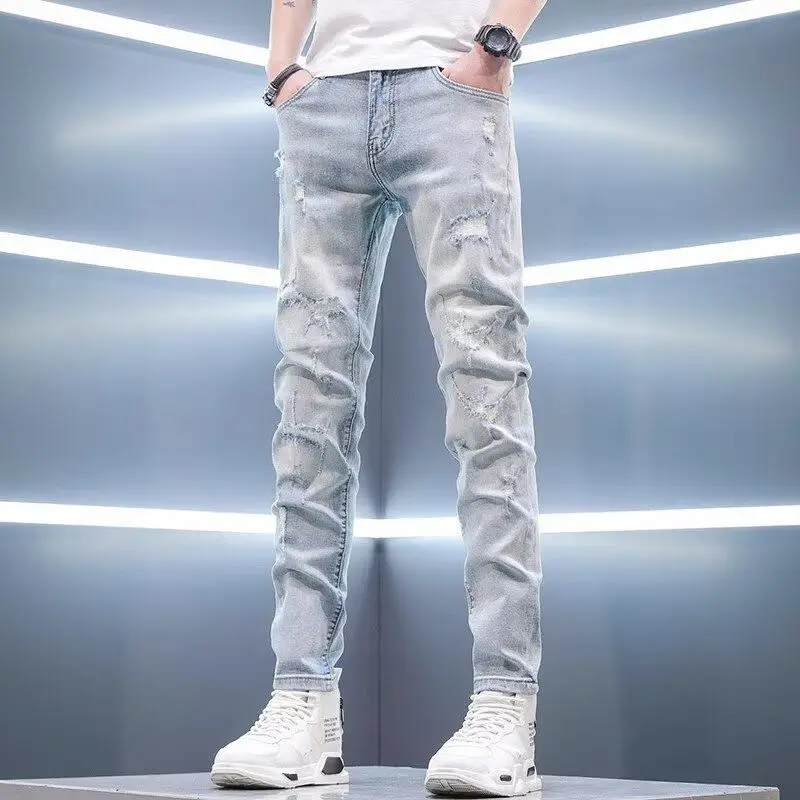 

High-end 2026 Stretch Jeans Men's Trendy Brand Summer Thin Ripped Embroidery Slim-fitting Small Feet Light-colored Long Pants