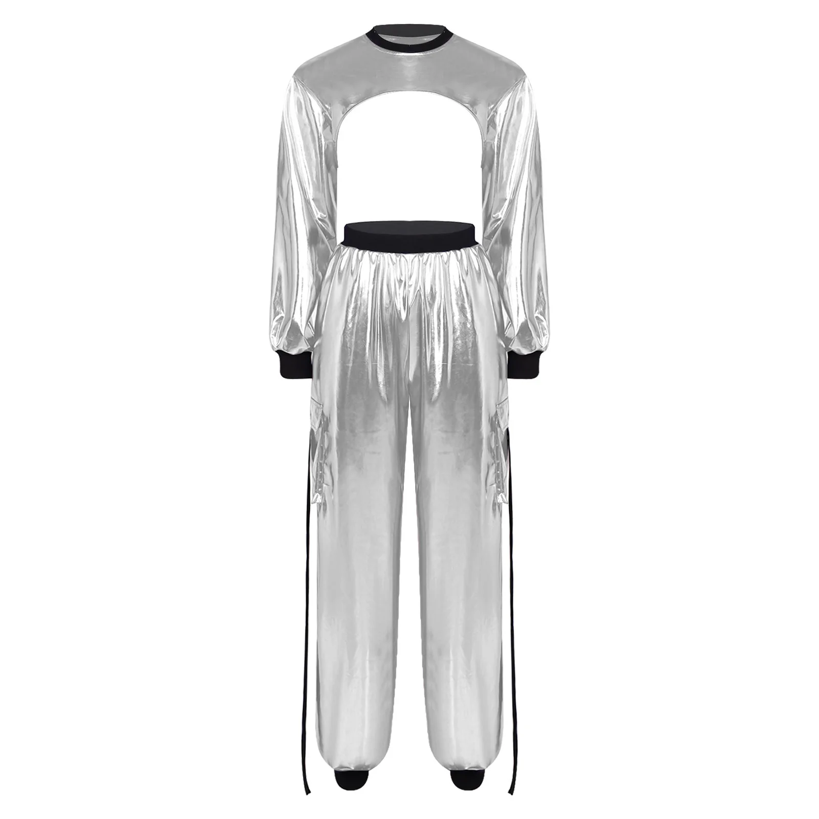 Women 2 Pieces Hip Hop Dance Outfits Metallic Glossy Workout Pullover Top And Jogging Pants Disco Jazz Street Dance Clothing Set