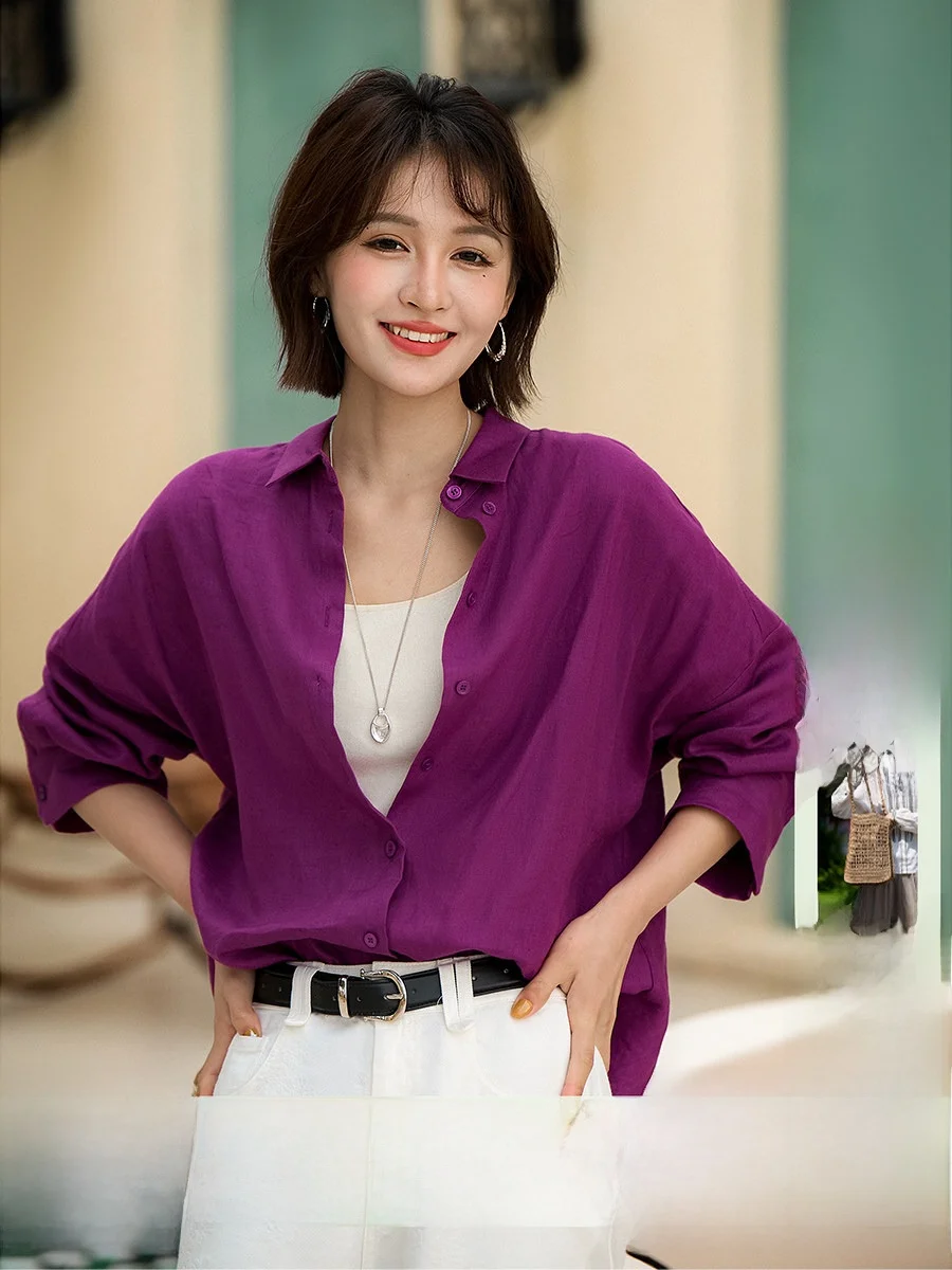 

Женская льняная рубашка Xhange Berry Purple свободного кроя с заниженной линией плеч, весна-лето, повседневная, дышащая, комфортная, в стиле OL