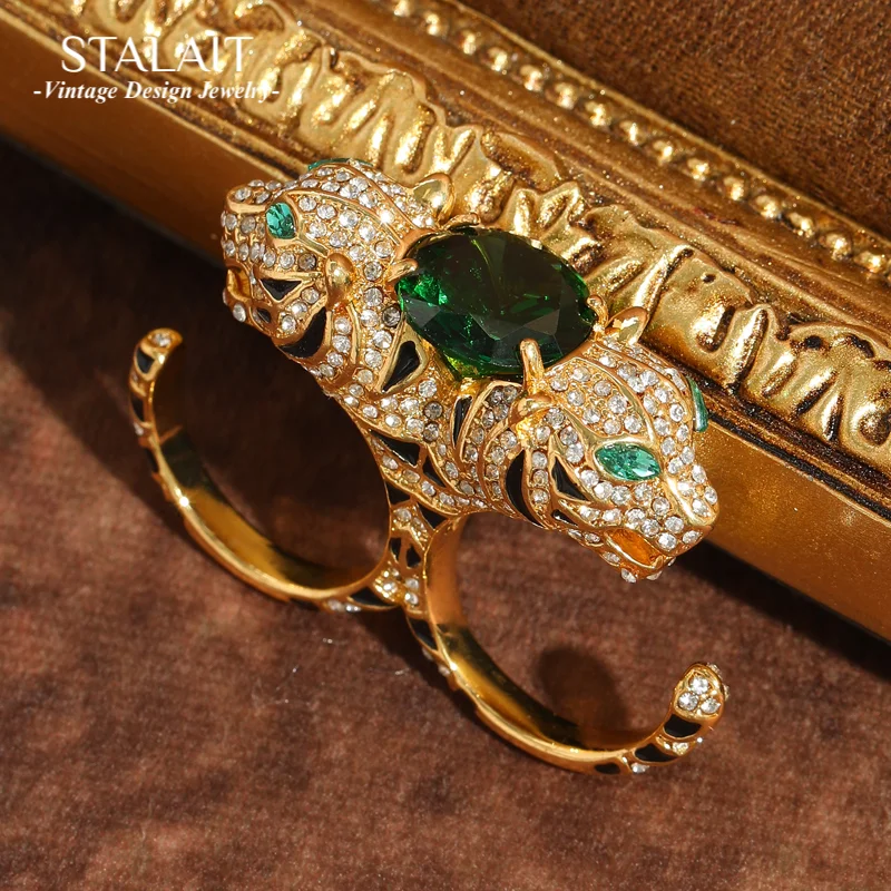 

Vintage Gold Color Leopard Rings Green Oval Zircon Head Double Circle Luxury Brands Quality Jewelry Accessories For Women 2025