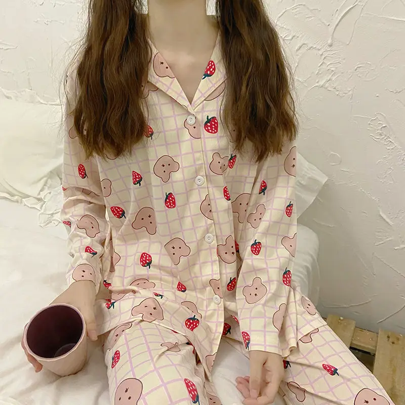 Pajamas Female Korean Sweet and Cute Net Red Long-sleeved Cardigan Girl Casual Trousers Home Clothing Suit Womens Pajamas