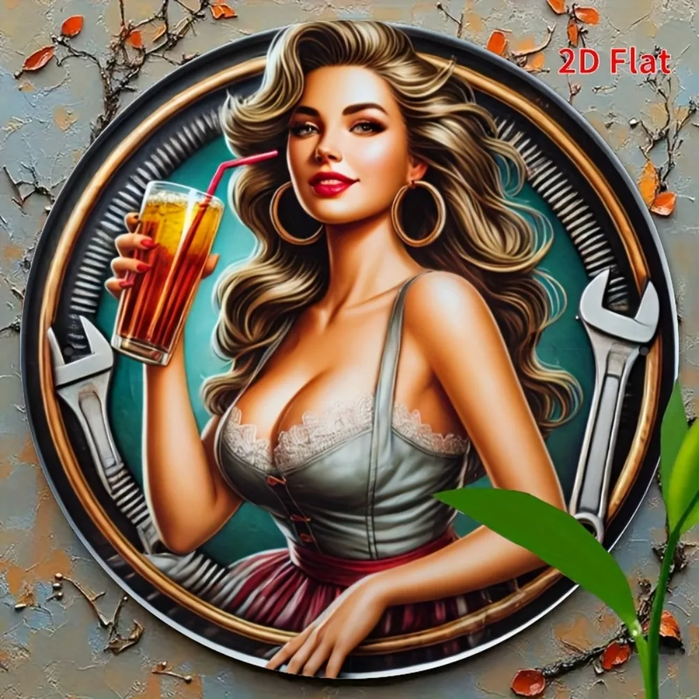 [2D Flat] 1 Stück Vintage-inspiriertes Metall-Wandkunstschild – elegante Frau mit Schraubenschlüssel und Getränk, runde Eisendekoration für Zuhause, Bar, Café