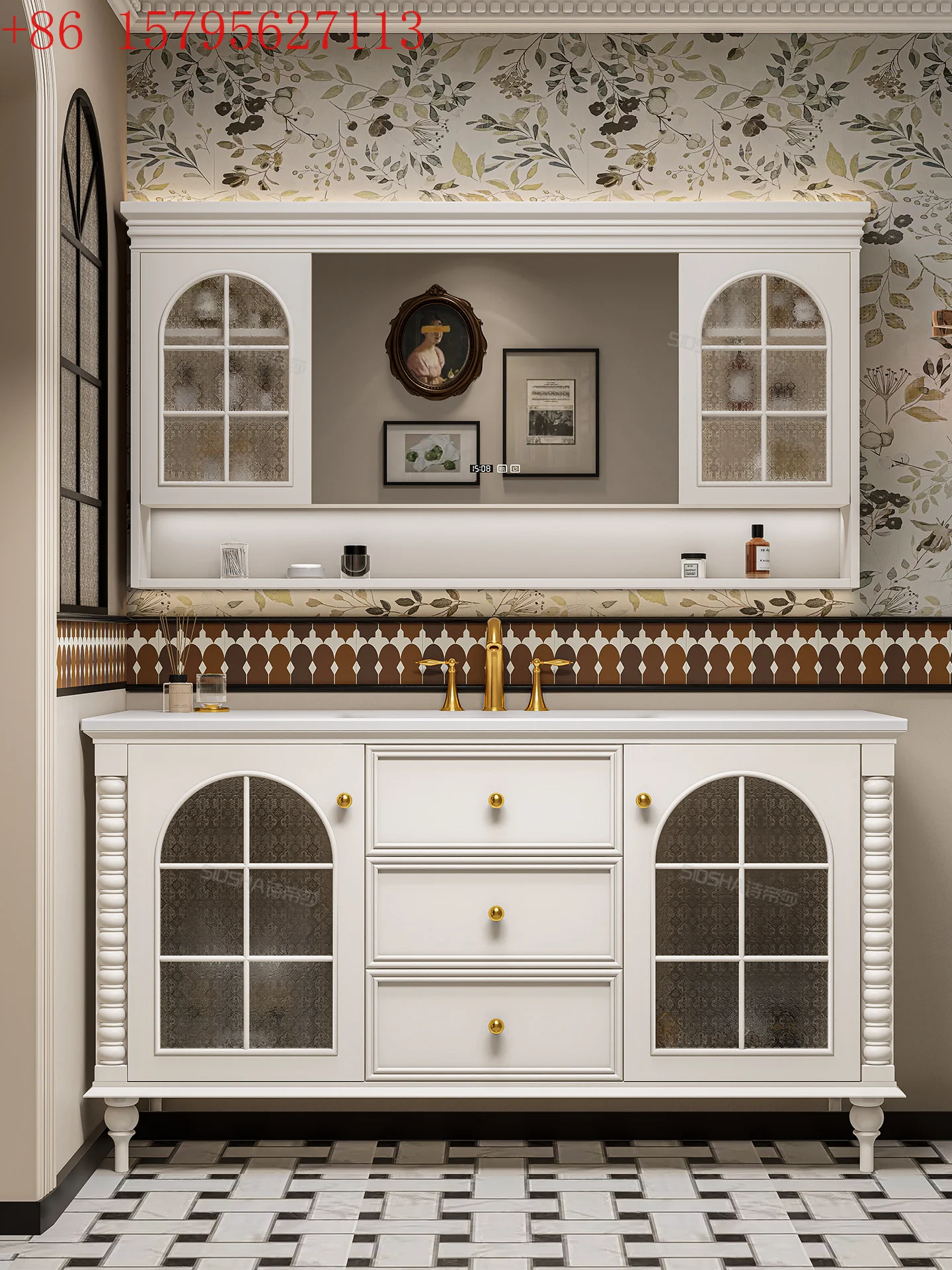 

Керамическая встроенная раковина в американском ретро-стиле от пола до потолка, резиновая деревянная краска, шкаф для ванной комнаты, умывальник