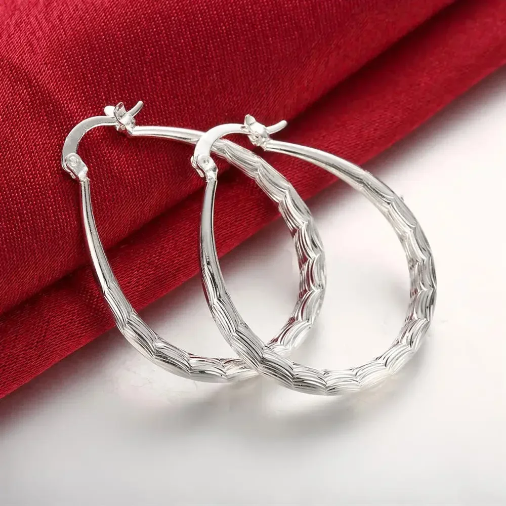 Popular brands 925 Sterling Silver vintage 3CM Circle Oval fish pattern hoop Earrings for Women partry original Jewelry Gifts