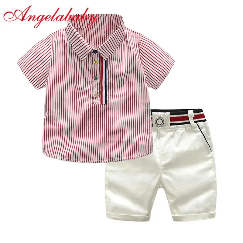 

Children's gentleman summer clothes striped short sleeve tops + white shorts 2 pcs clothing sets for kids baby boys party su