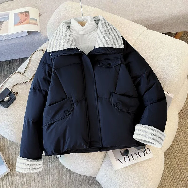 Giacca coreana in cotone patchwork a righe Autunno Inverno Nuovo colletto couverture ampio Cappotto caldo per donna Top versatile a maniche lunghe