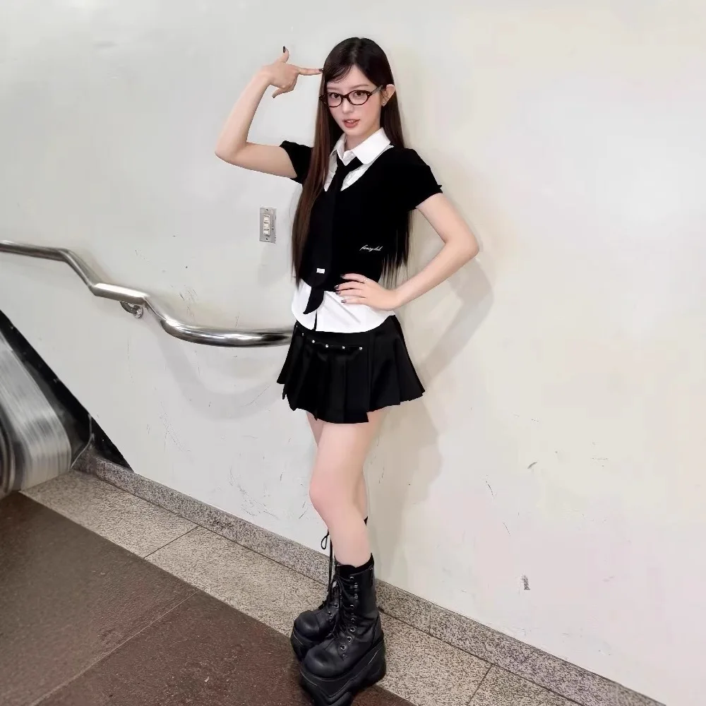 Jupe plissée coréenne en deux pièces avec faux irt et cravate pour femmes, couleur Pure, saison de printemps, autre matériau 00%