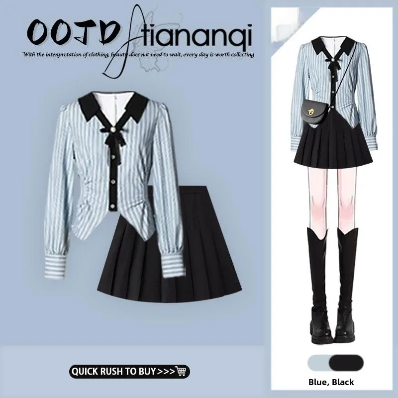 

Blue Striped V-Ne Long Sve irt Set with High Waist A-Line Pleated Skirt Autumn New Sle College Sle Women's Fa...
