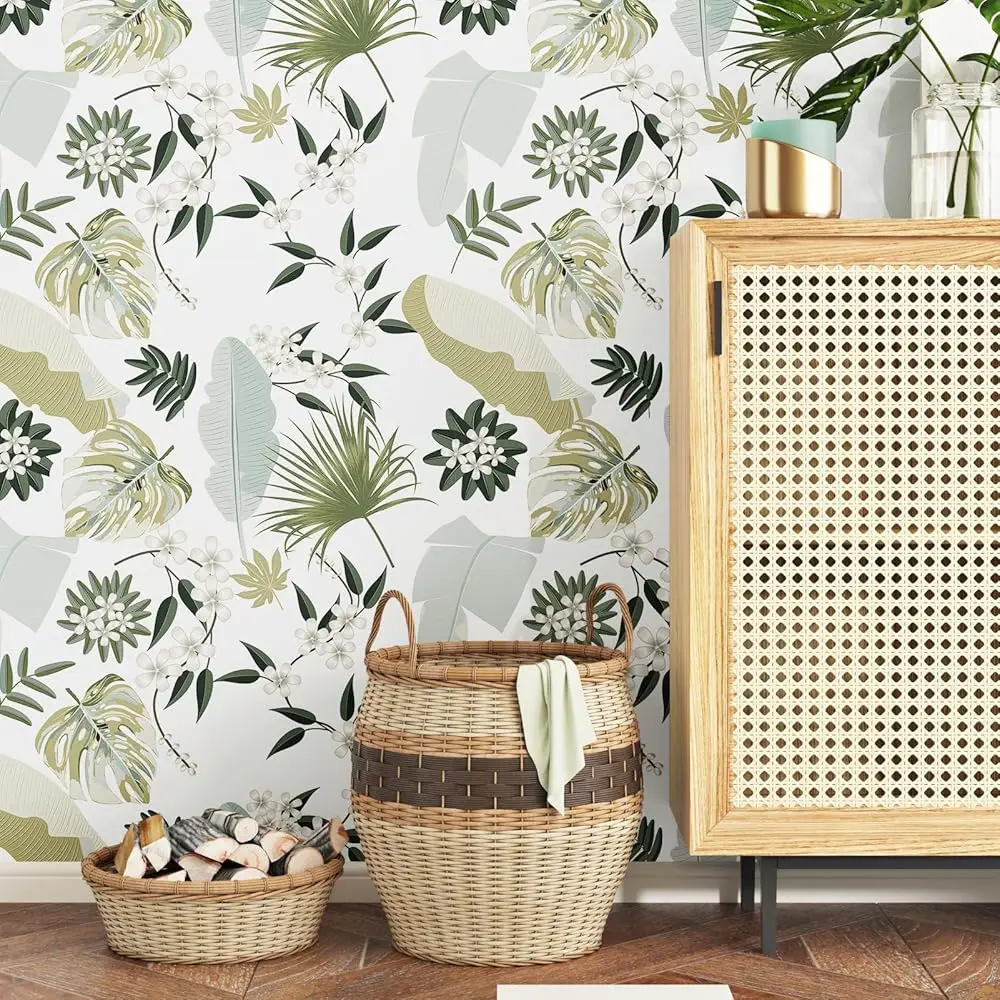 

Green Leaf Wallpaper Peel And Sti White Floral Contact Paper Tropical Plant Wallpaper Self Adhesive Removable Contact Paper For