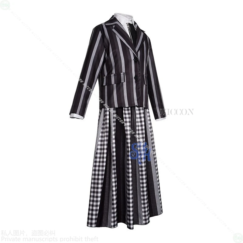 فستان أنيمي Never Movie More للأطفال التنكري JK فستان قوطي رمادي فاتح داكن مخطط منقوش تنورة طويلة زي الهالوين للمدرسة