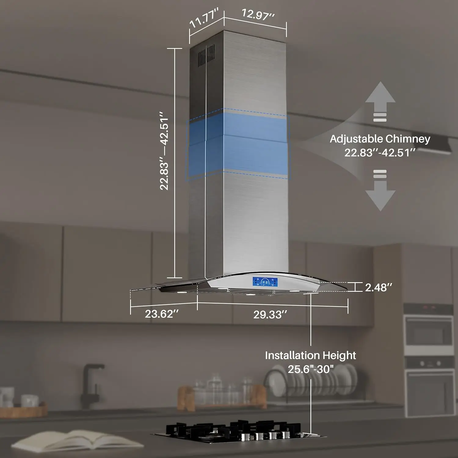 Island Range Hood 30 inch 700 CFM with Chimney, Ceiling Mount Kitchen Vent Hood with Tempered Glass, 4 LED Lights, Perma