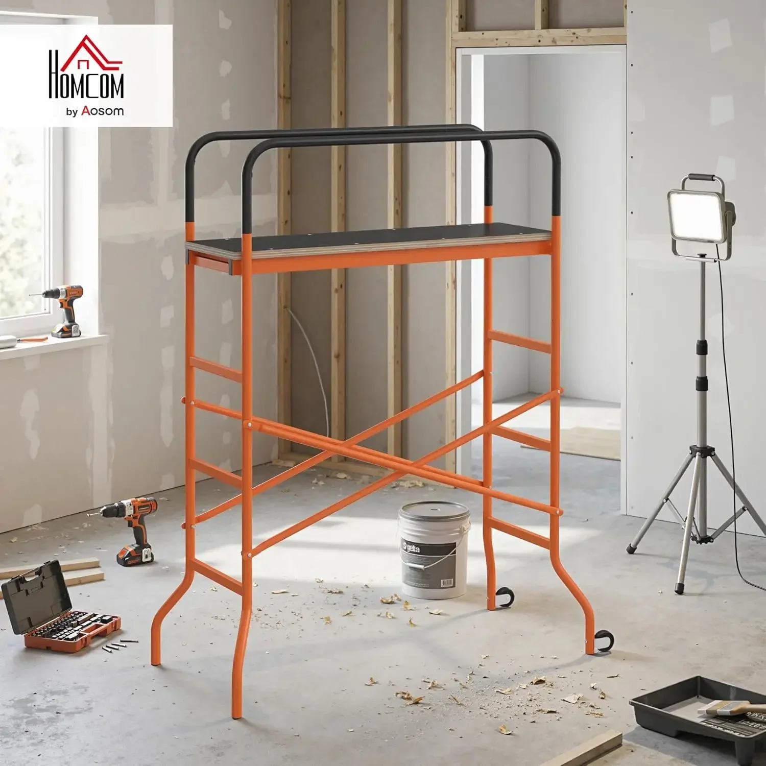 HOMCOM 4-Step Steel 4.6 x 2 x 6 ft. Scaffold 2 Wheels Free Moving for Indoor & Outdoor Decoration Anti-Skid, 440 Pound Capacity,