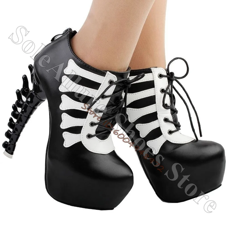 Leather White Bone Lace Up Platform Ankle Boots Skeleton Bone Spine Shape High Stiletto Heel Gothic Shoes Punk Halloween Boots