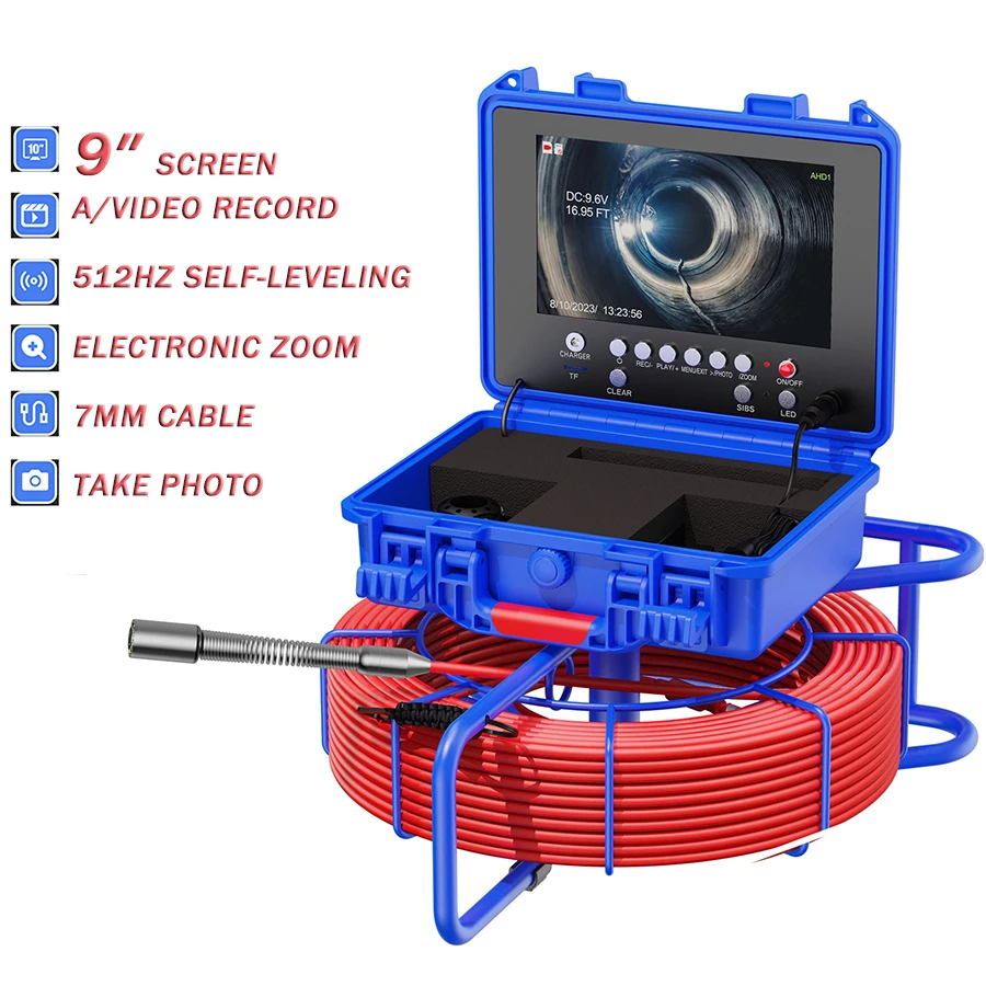 

Sewer Pipe Inspection Camera 7mm Diameter IP68 Drain Sewer Pipeline Video Industrial Endoscope 4500mA Battery 9" DVR 30/50/60M