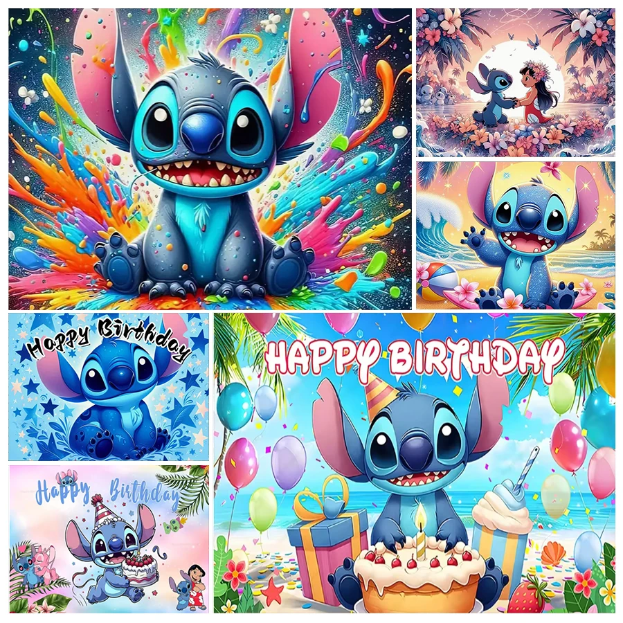 릴로 & 스티치 파티 배경 어린이 생일 장식 사진 배경 베이비 샤워 초상화 배너 사진 부스 소품