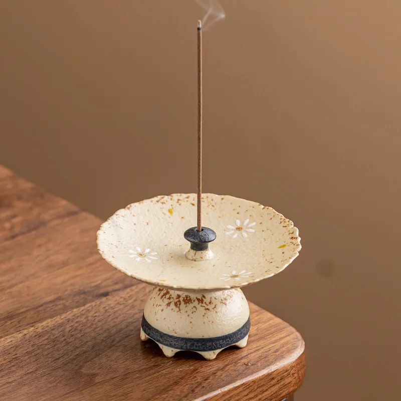 Hand Painted Blue White Flint Red Gold Trim Daisy Ceramic Incense Holder Stand Anti Ash Tea Table Decor Gift