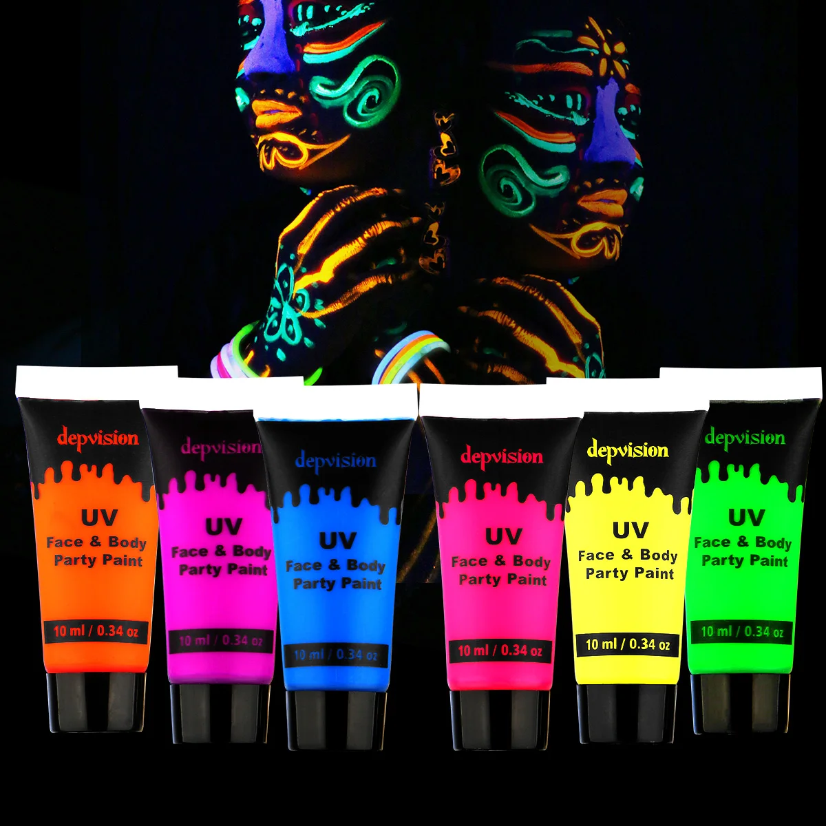 

Depvision Glow in the Dark UV Face and Body Paint 6 x 10 ml (0.68 fl oz) Neon Blacklight Reactive Fluorescent for Christmas Hall