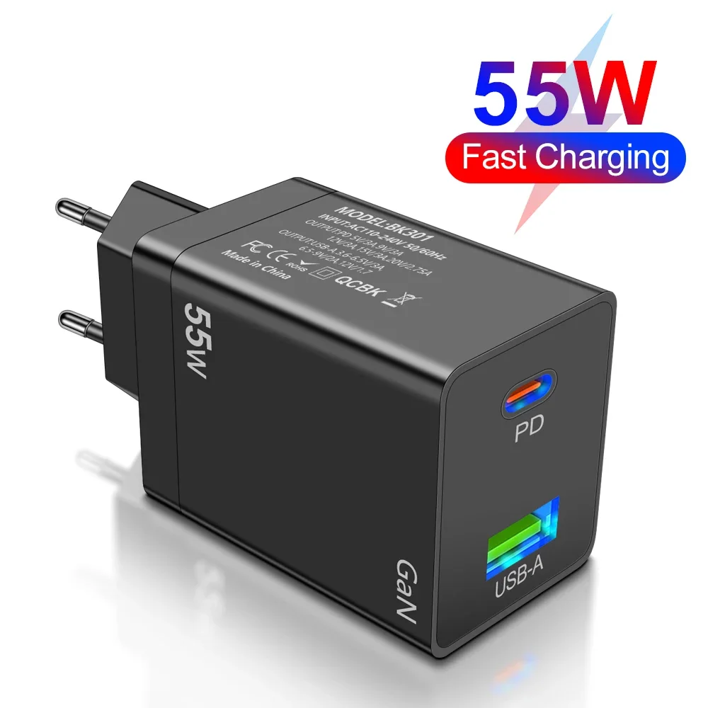 55W USB PD Charger GaN Fast Charging Mobile Phone Power Adapter Type C Quick Charge3.0 Charger For iPhone Xiaomi Samsung Huawei