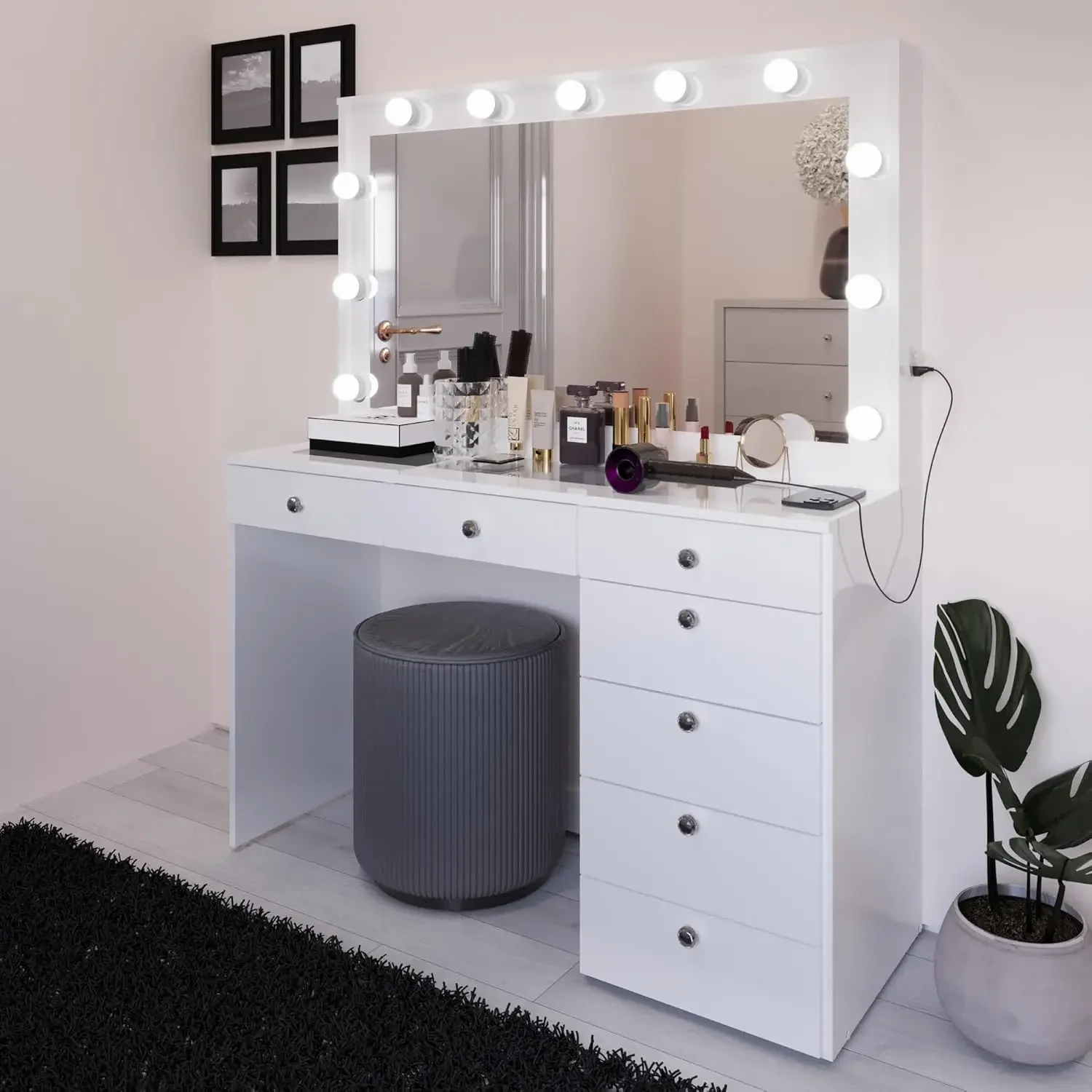 Glass Top Large Vanity Desk, Crystal Knobs, Power Outlet, Stylish Makeup Table w/Mirror for Women, Teens, Bedrooms – White