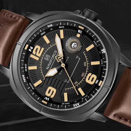 Imagen 2 del producto NAVIFORCE Relojes de cuarzo a la moda para hombre, resistente al agua hasta 3ATM, pantalla luminosa, esfera con brújula clásica, relojes de pulsera con correa transpirable de PU