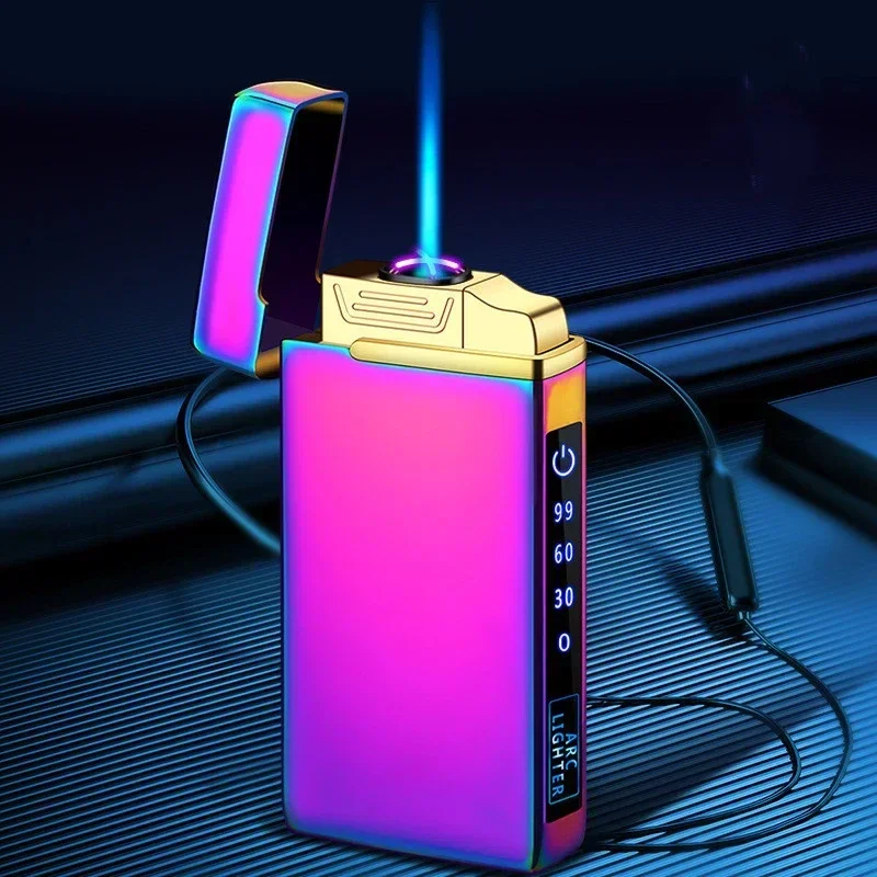 Electric Dual Arc Metal Lighter, Windproof, Rechargeable, Butane Gas, LED Screen Display, Portable, Men Gift, New