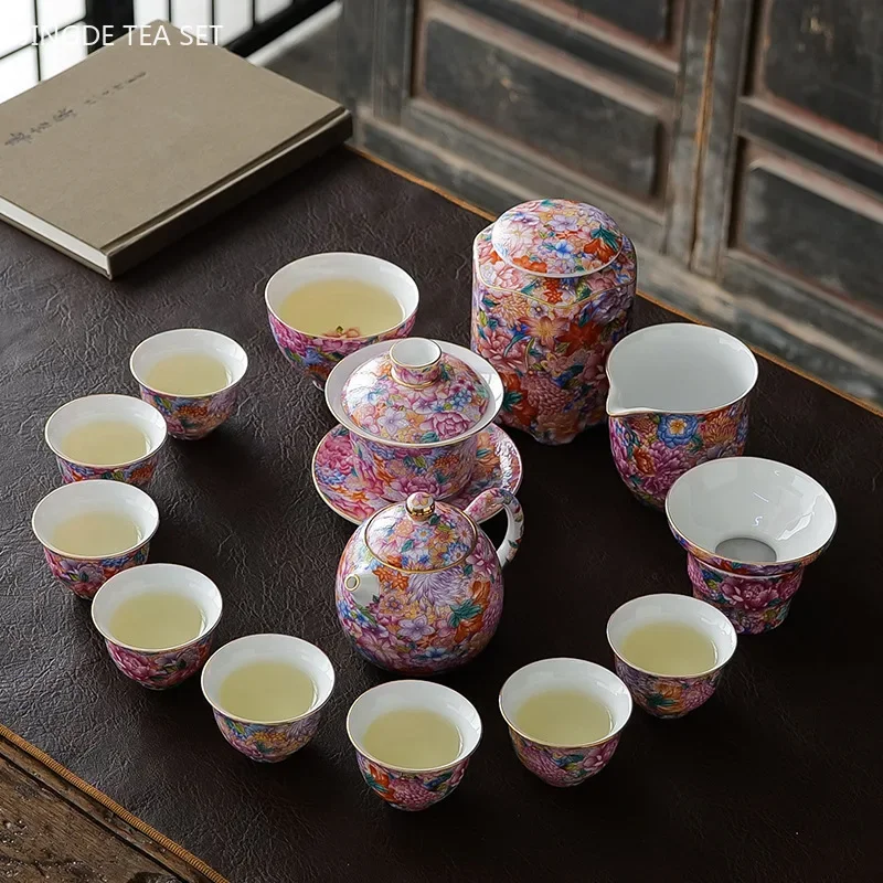 Enamel Color Ceramic Tea Set One Pot and Six Cup Suit Custom Exquisite Teaware Accessories Chinese Beauty Filter Teapot