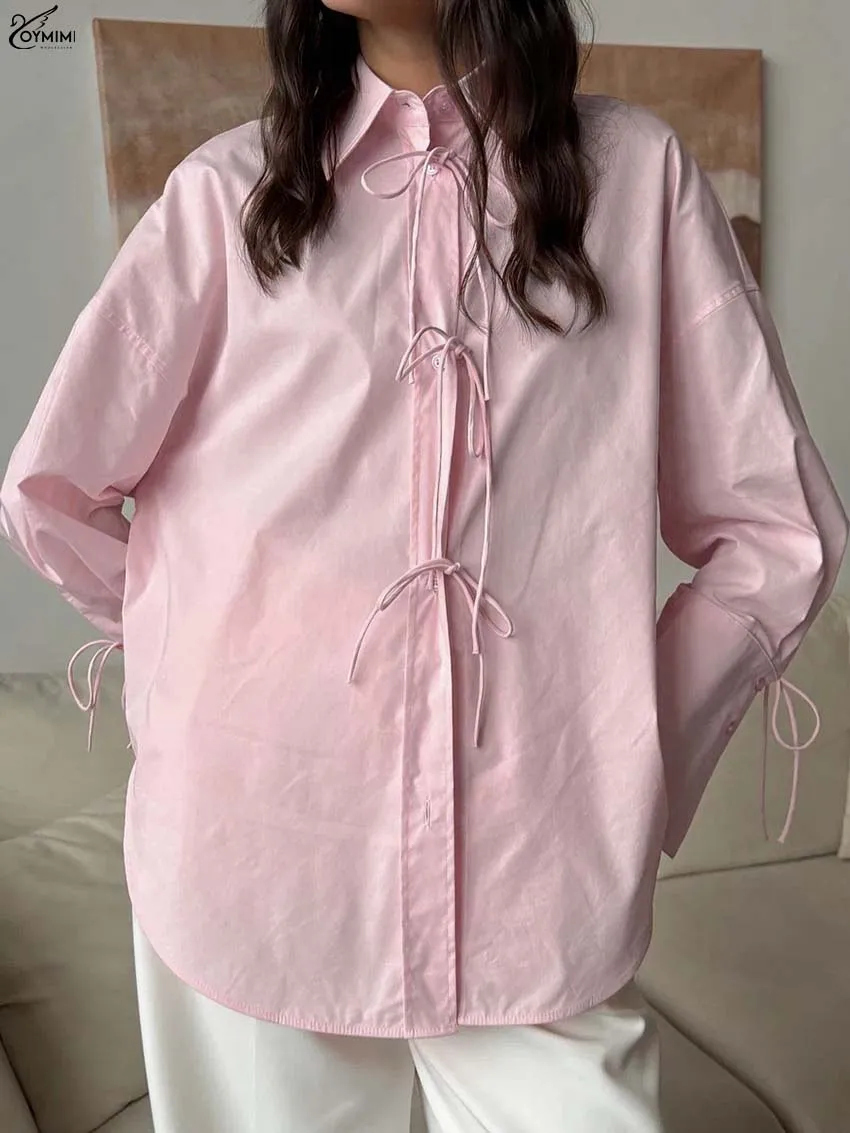 Oymimi Fashion Pink Cotton Women's T-Shirt Elegant Turn-Down Collar Long Sleeve T-Shirts Casual Lace-Up Solid Blouses Streetwear