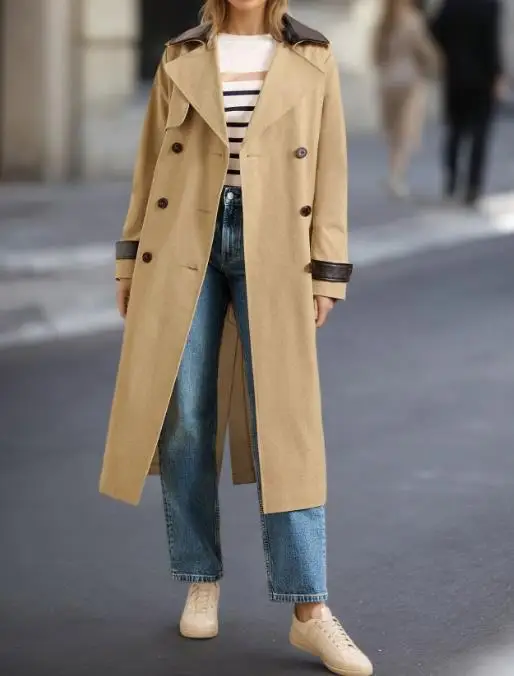 レディース トレンチコート 2025 春秋新作 カーキ レザー切り替え ノッチドラペル 長袖 ダブルブレスト ロング ウィンドブレーカーコート