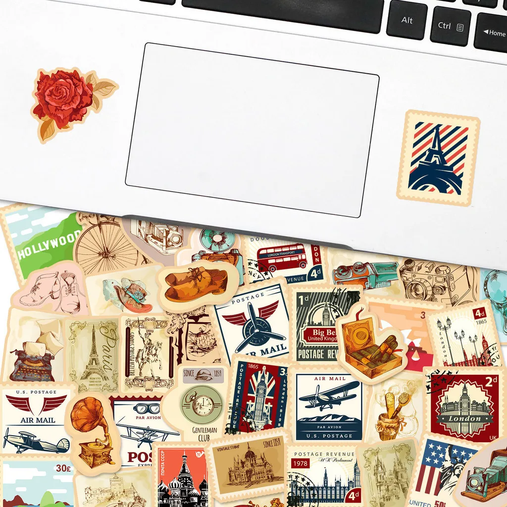 50개 르네상스 영국 및 미국 레트로 우표 방수 그래피티 스티커 핸드 어카운트용 블링블링 스티커 스토어