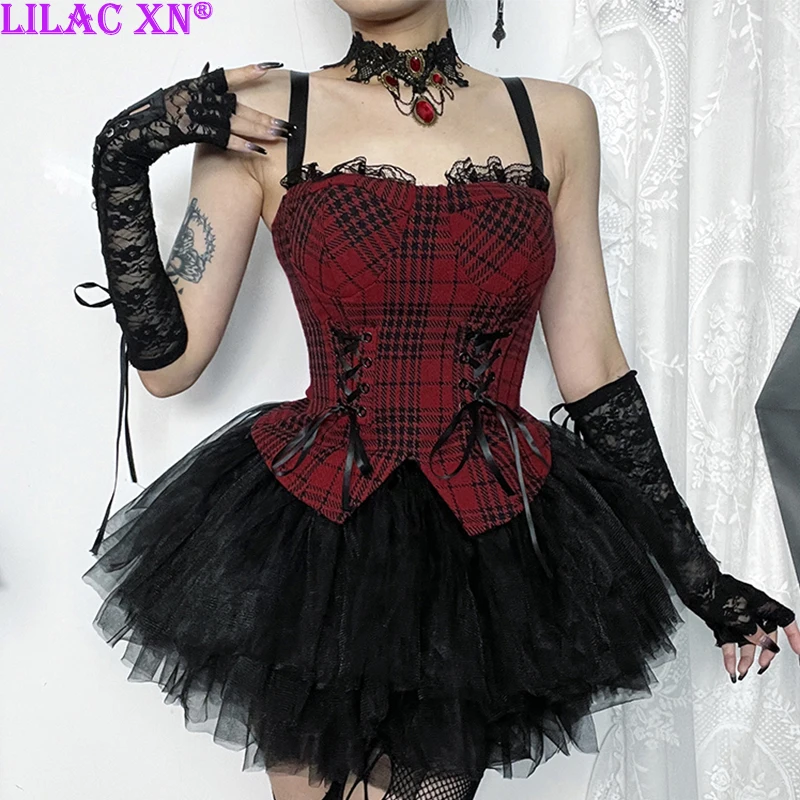 

Y2K Red Plaid Lace-up Zipper Corset Crop Top Vintage Sexy Aesthetic Lace Trim Backless Slim Camis Tops Summer Fashion Streetwear