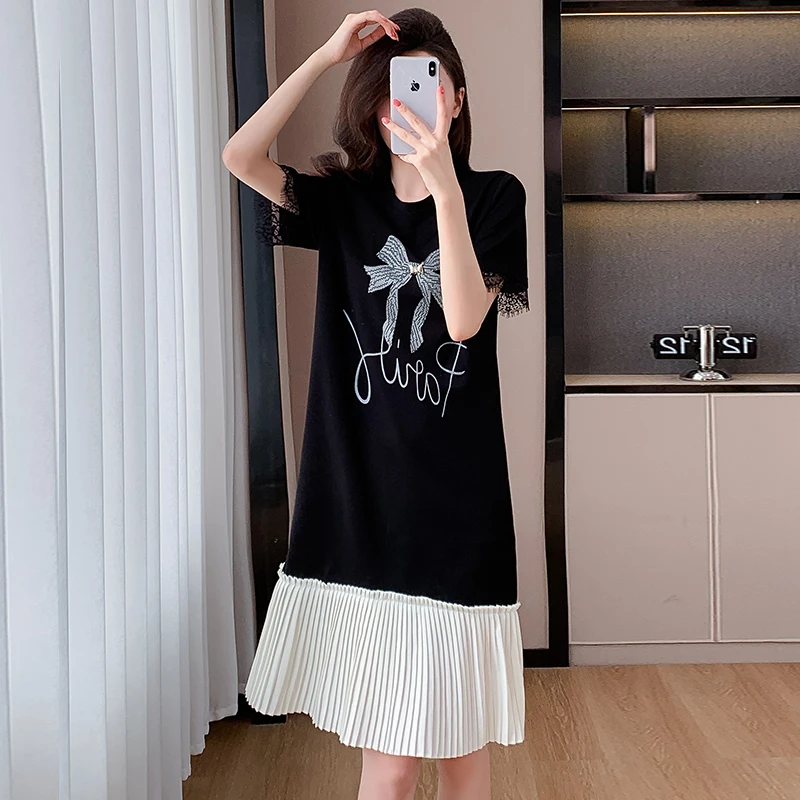 

BaiGe Skirt Hem Splice Mid-Length Women's Dress Loose T-Shirt round Neck Korean Style plus Size Slimming Age-Defying