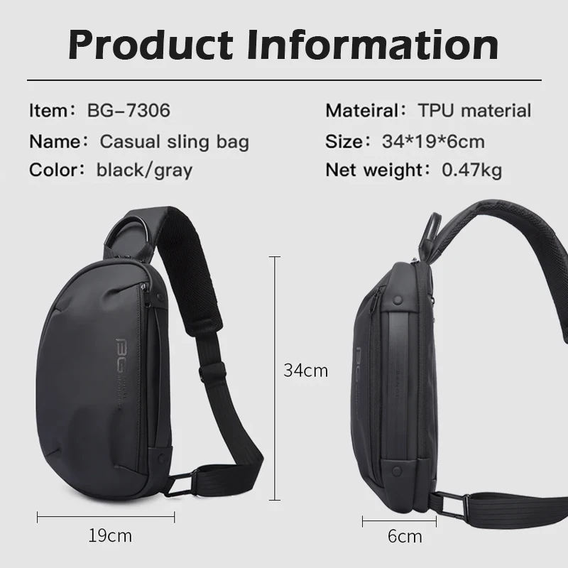 BANGE Solid Chest Bags Men Multi-Layers Sling Crossbody Bag Waterproof Chest Bag USB Charging Port Casual Shoulder Bag for Male