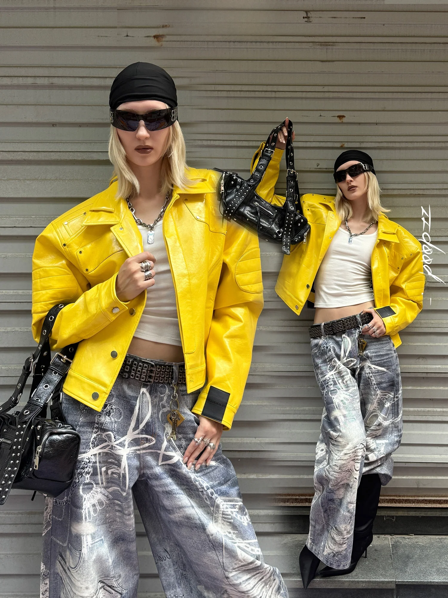 เสื้อแจ็คเก็ตหนัง PU สีเหลือง Bumblebee แบบหลวม ไหล่เสริมฟองน้ำ แขนยาว สไตล์พังก์ กระดุมแถวเดียว ซิปหลายจุด