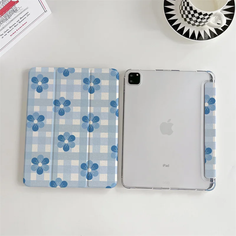 Etui Cute Flower Plaid Case do Apple iPad Air 2024 Pro 11 cali Air5/4 10.9 iPad 5/6/7/8/9 9.7 Air 3 10.2/10.5'' mini 6/5/4 Cover