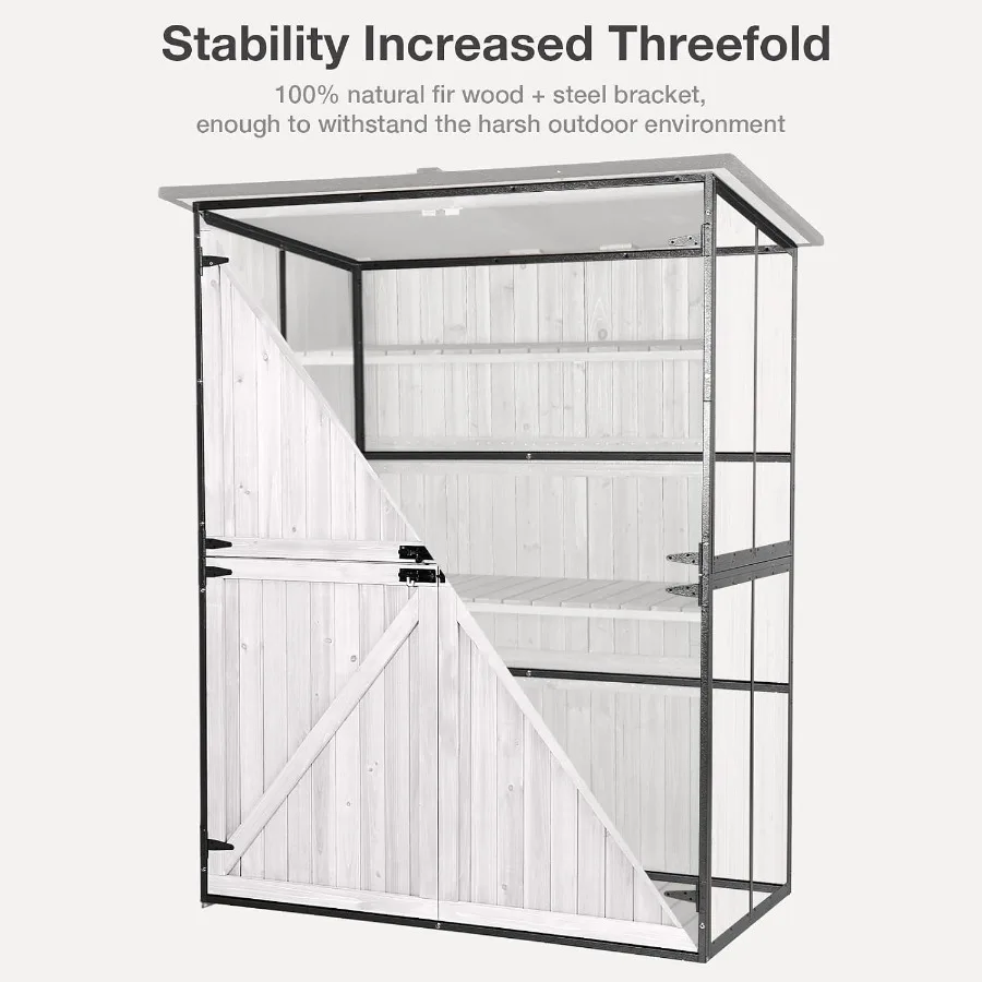 Outdoor Storage Shed with Floor - Waterproof Natural Fir Cabinet in White with Adjustable Shelves and Double Lock for Anti-Thef