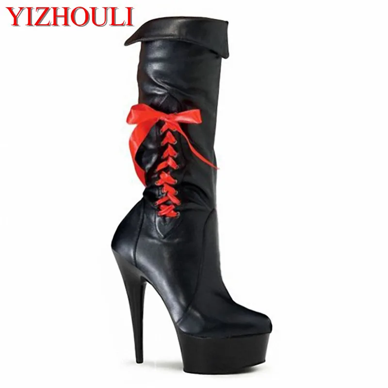 

Sexy model pole dancing glamour 15 cm high heel boots/delicate bow 6 inch fashionable women high dance shoes