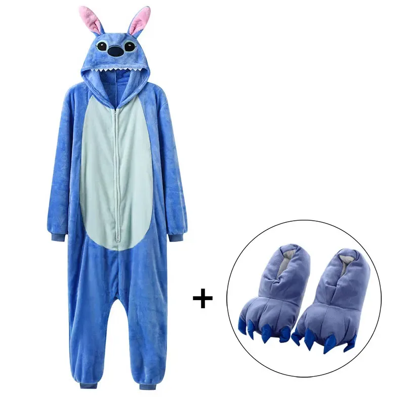 

2025 Animation Costume Unisex Zipper Onesie Blue Pajama Animal Kigurumis Women Winter Warm Sleep Suit Couple Overall Soft Flann