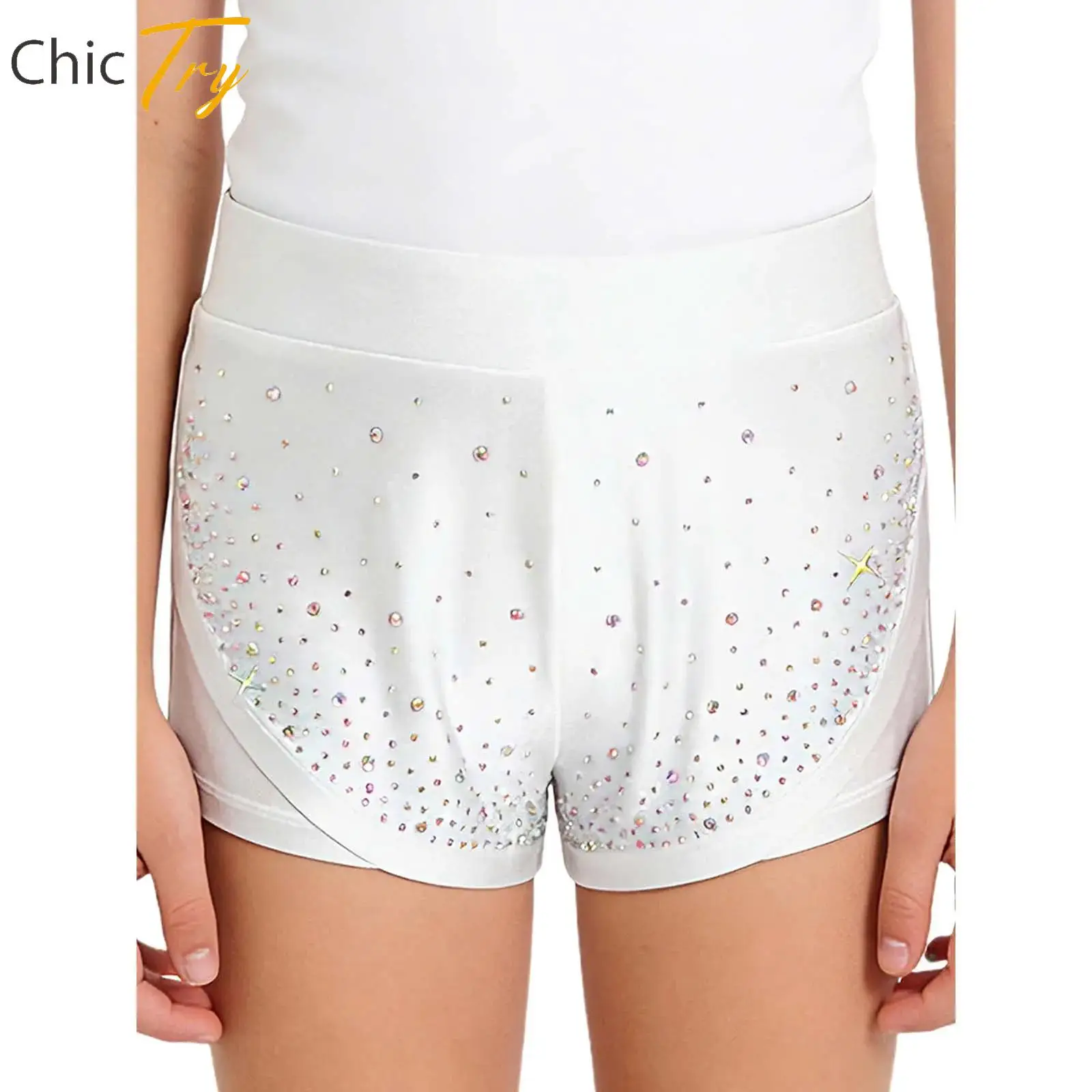 

Rhythmic Gymnastics Shorts for Girls Rhinestones Double-Layer Athletic Shorts Ballet Figure Skating Stage Performance Dancewear